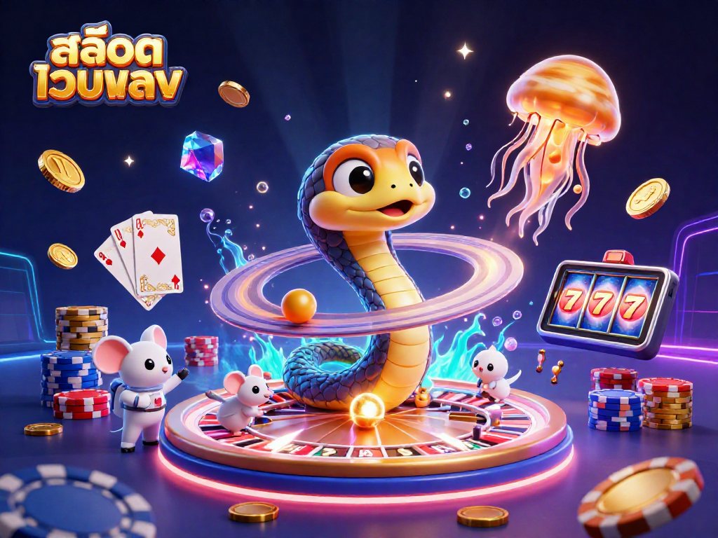 Experience สล็อตเว็บตรง in a dynamic cosmic scene with astronauts betting on a roulette wheel and colorful game elements.