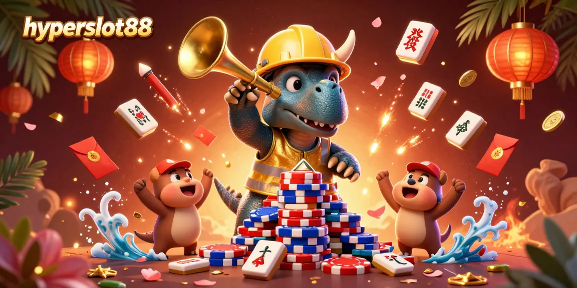 Experience winning thrills with hyperslot88 in this dynamic, colorful 3D illustration of a vibrant casino scene.