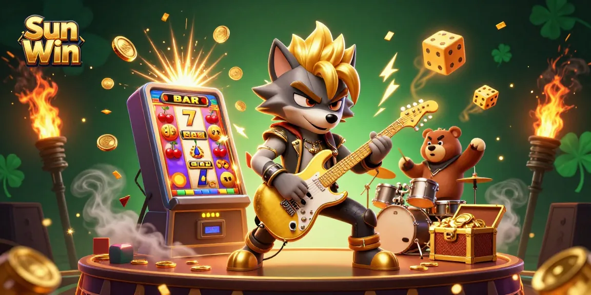 Experience the excitement of Sun Win with a lively scene featuring slot machines and dynamic characters.