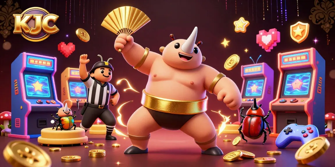 KJC offers thrilling gaming experiences with a powerful sumo beetle champion amidst golden coins.