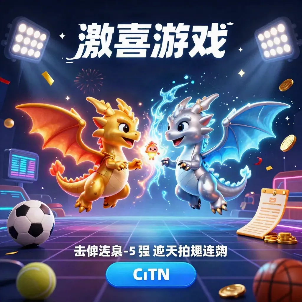 Gold and silver dragons spiral in fire and ice over casino lights, coins, balls, trophy, and neon grid.