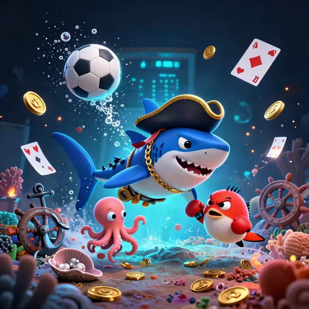 Pirate shark, boxing pufferfish, and juggling octopus amid coins, balls, and neon underwater treasure.