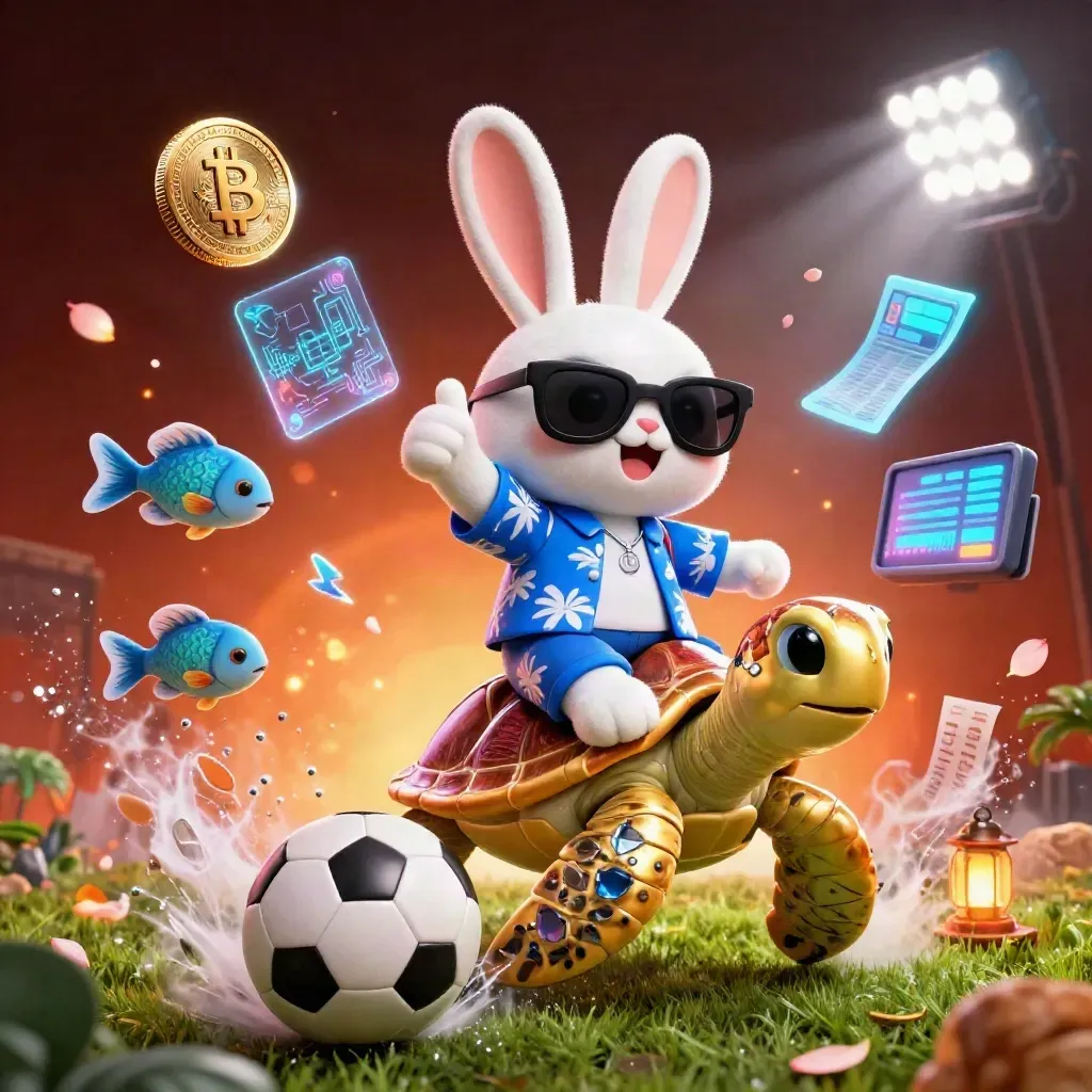 Lucky rabbit on sea turtle with soccer ball, crypto coins, and neon casino sparks
