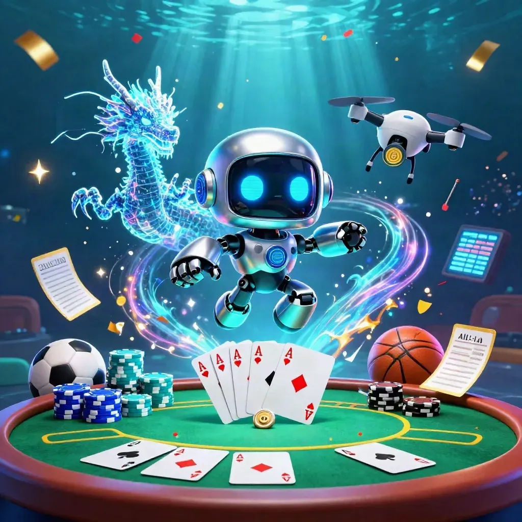 Cyberpunk robot, particle dragon and coin drone amid poker chips, balls and electric casino glow.
