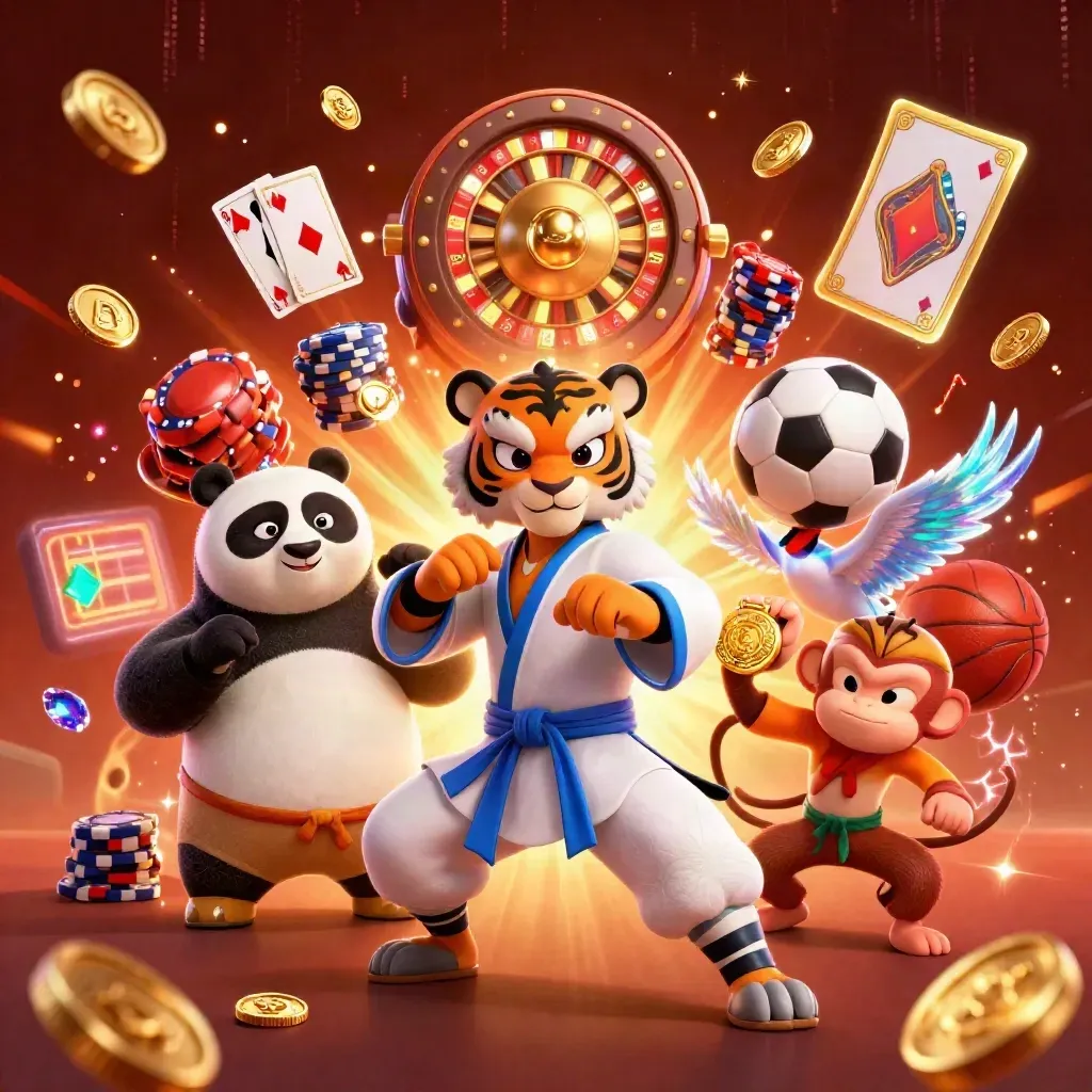 Kung-fu tiger, panda, and monkey amid casino loot, coins, and neon sports energy.