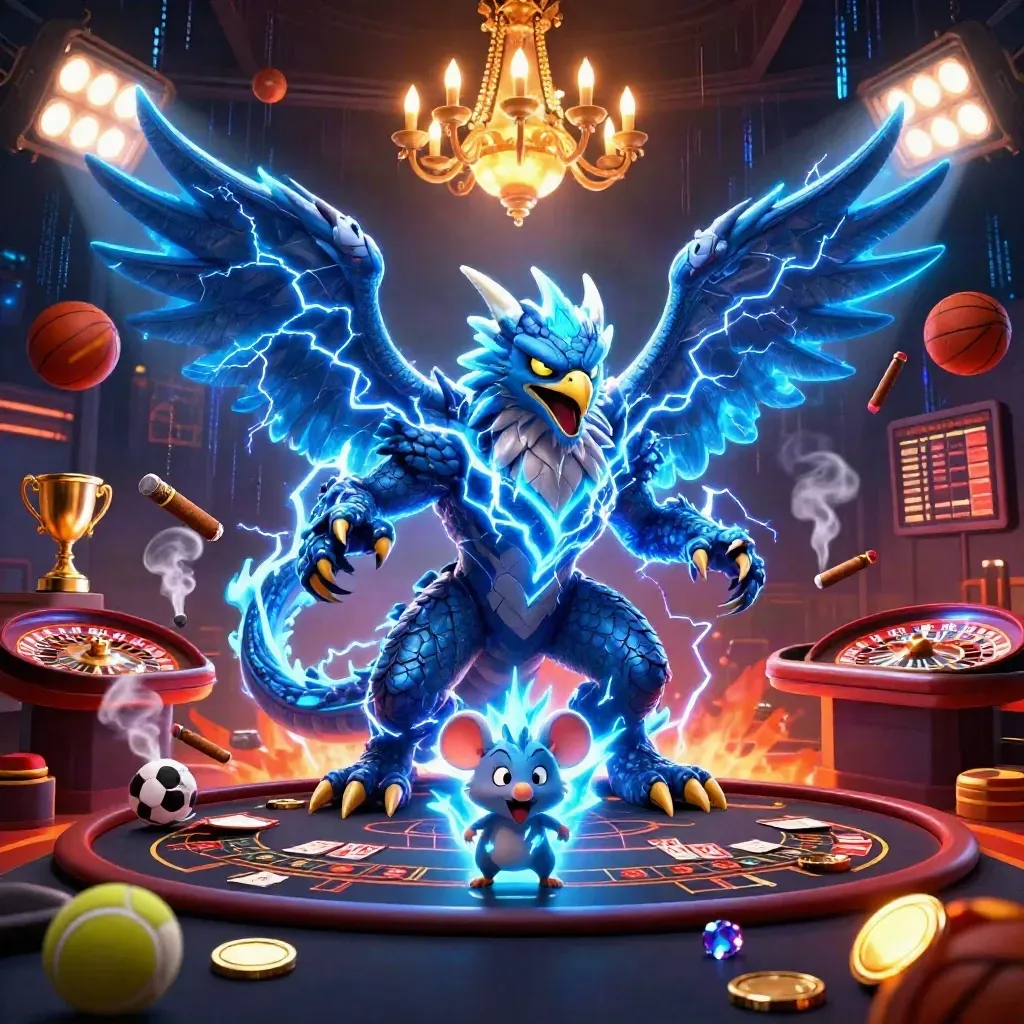 Thunder dragon, wind hawk, and static mouse amid neon casino props, roulette, coins, and sports balls.