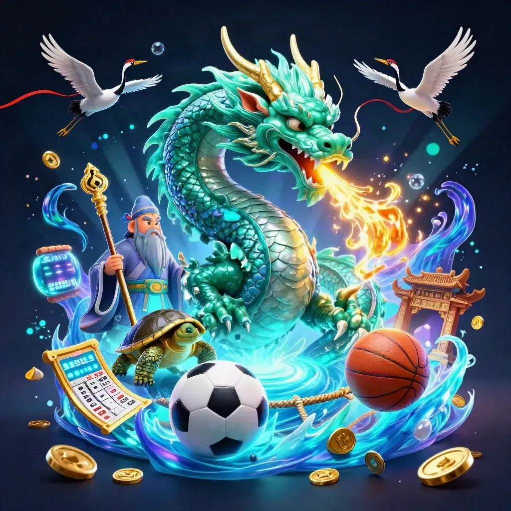 Jade dragon, turtle sage, and cranes amid neon casino sports effects and flying coins.