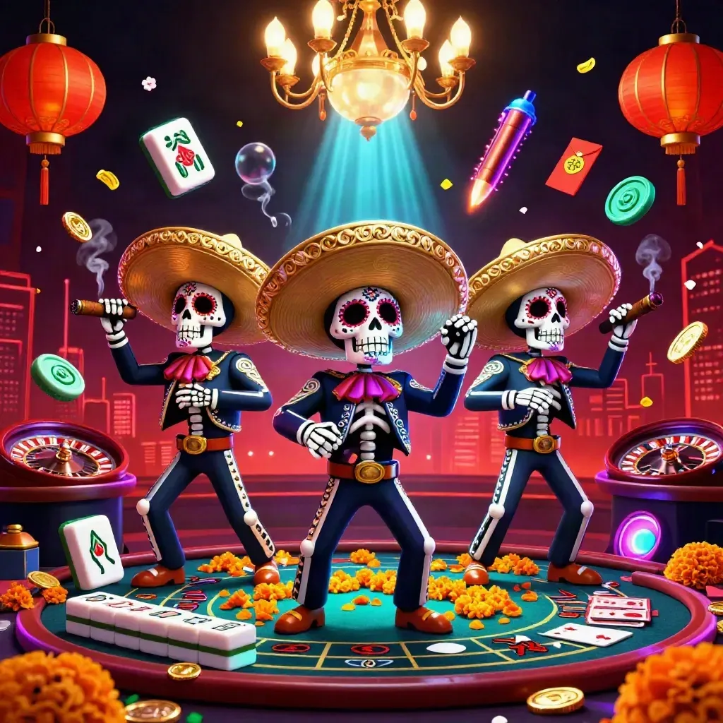 Skeleton mariachi trio in a neon casino scene with lanterns, coins, and cyan-purple glow.