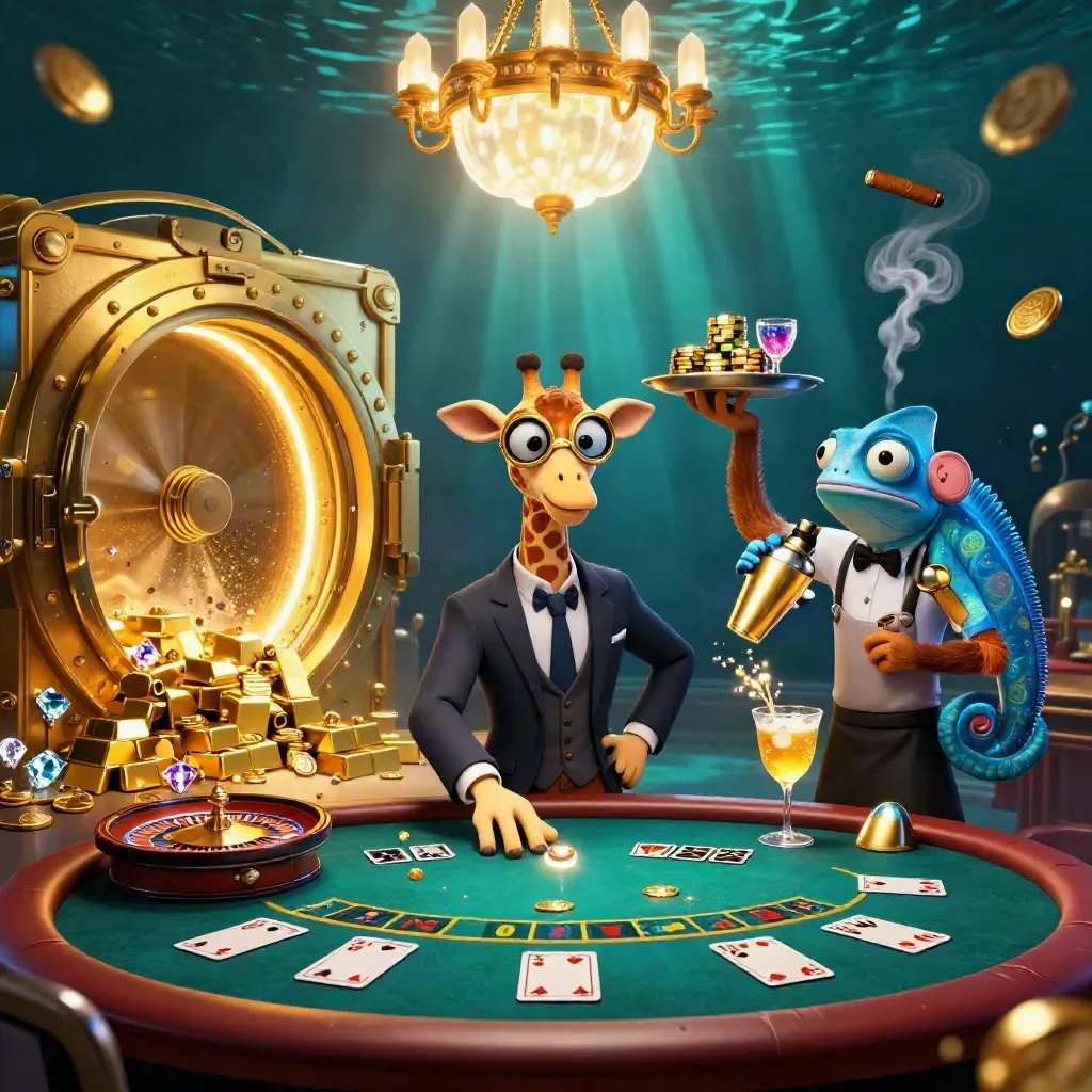 Cartoon giraffe, monkey valet and chameleon bartender in a glowing casino vault of gold and gems.