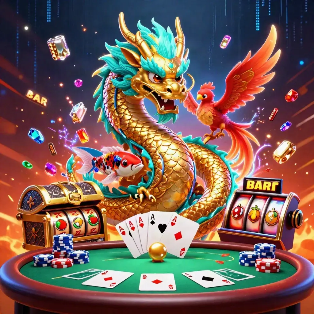 Golden dragon with phoenix and koi bursts through casino chips and neon cyan treasure glow.