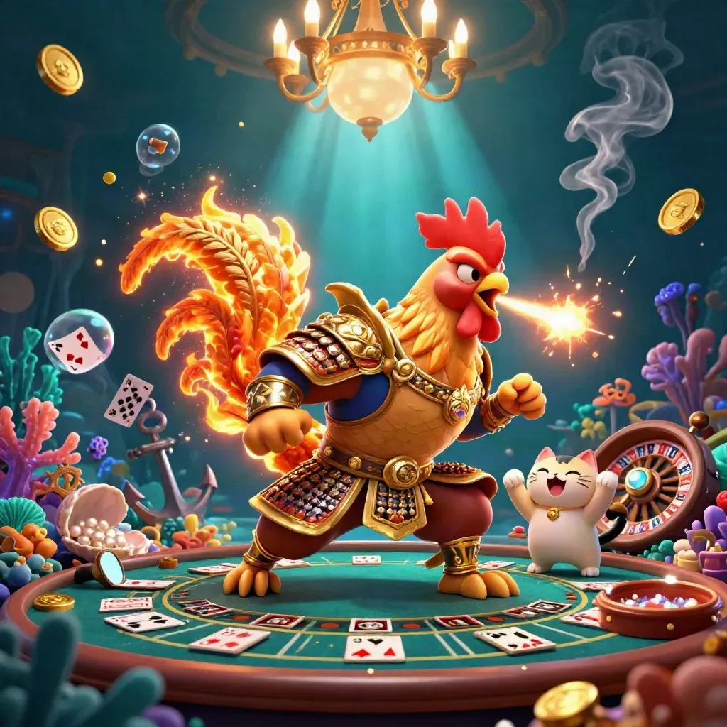 Rooster warrior, dragon hatchling and fortune cat in an underwater casino treasure cove.
