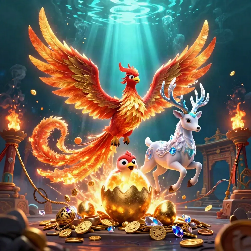 Fire phoenix, baby phoenix, and crystal stag burst through a cobalt casino fantasy.
