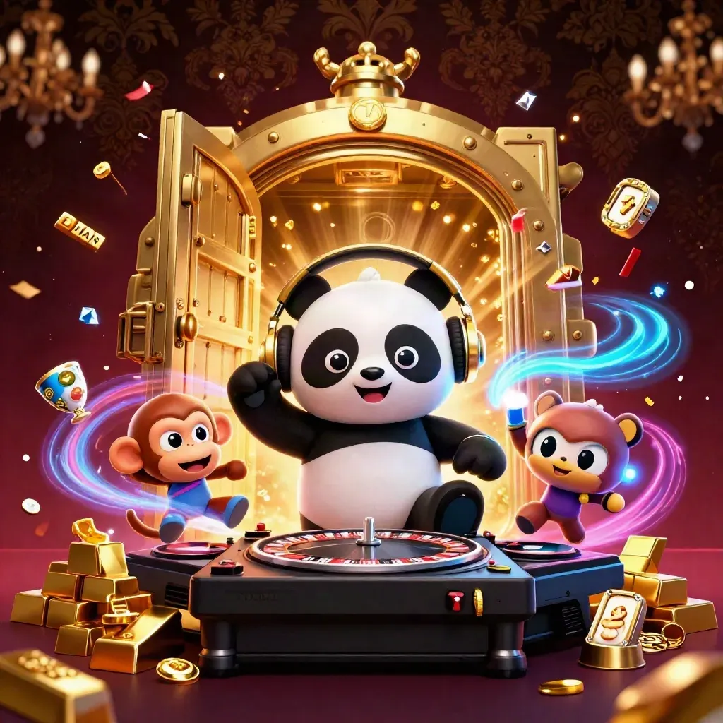 DJ panda, breakdancing monkey, and glow-kitten burst from a treasure vault in a neon casino scene.