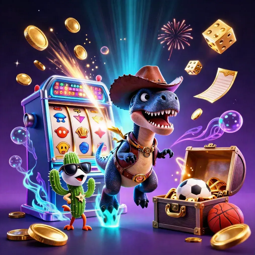 Cowboy T-Rex with cactus and roadrunner amid neon slot bursts, gold coins and casino glow.