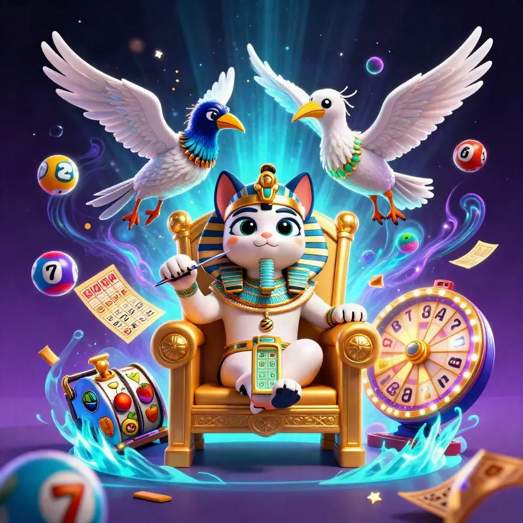 Pharaoh cat on a throne, ibis scribe, gem-wing scarabs, casino bursts and neon cosmic glow.