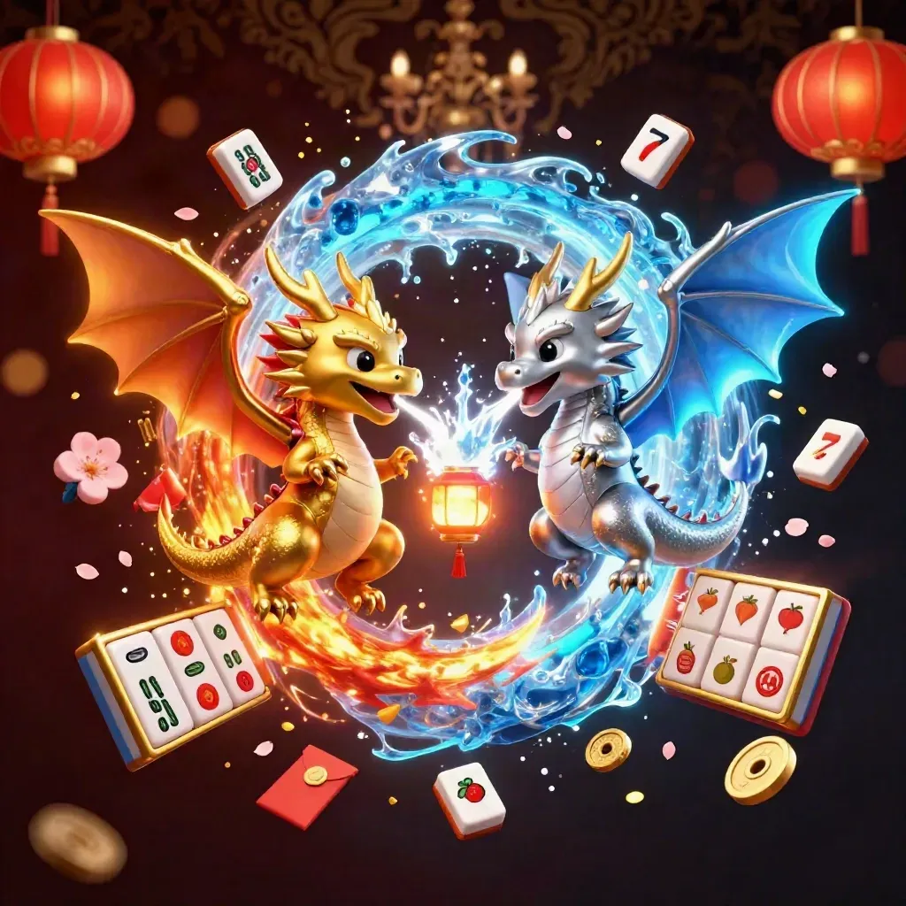 Twin gold and silver dragons spiral in yin-yang fire and ice amid casino sparks.