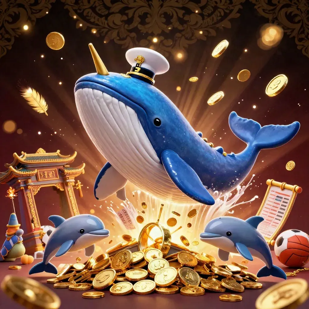 Whale captain, narwhal and dolphins burst through coins with casino props and neon glow