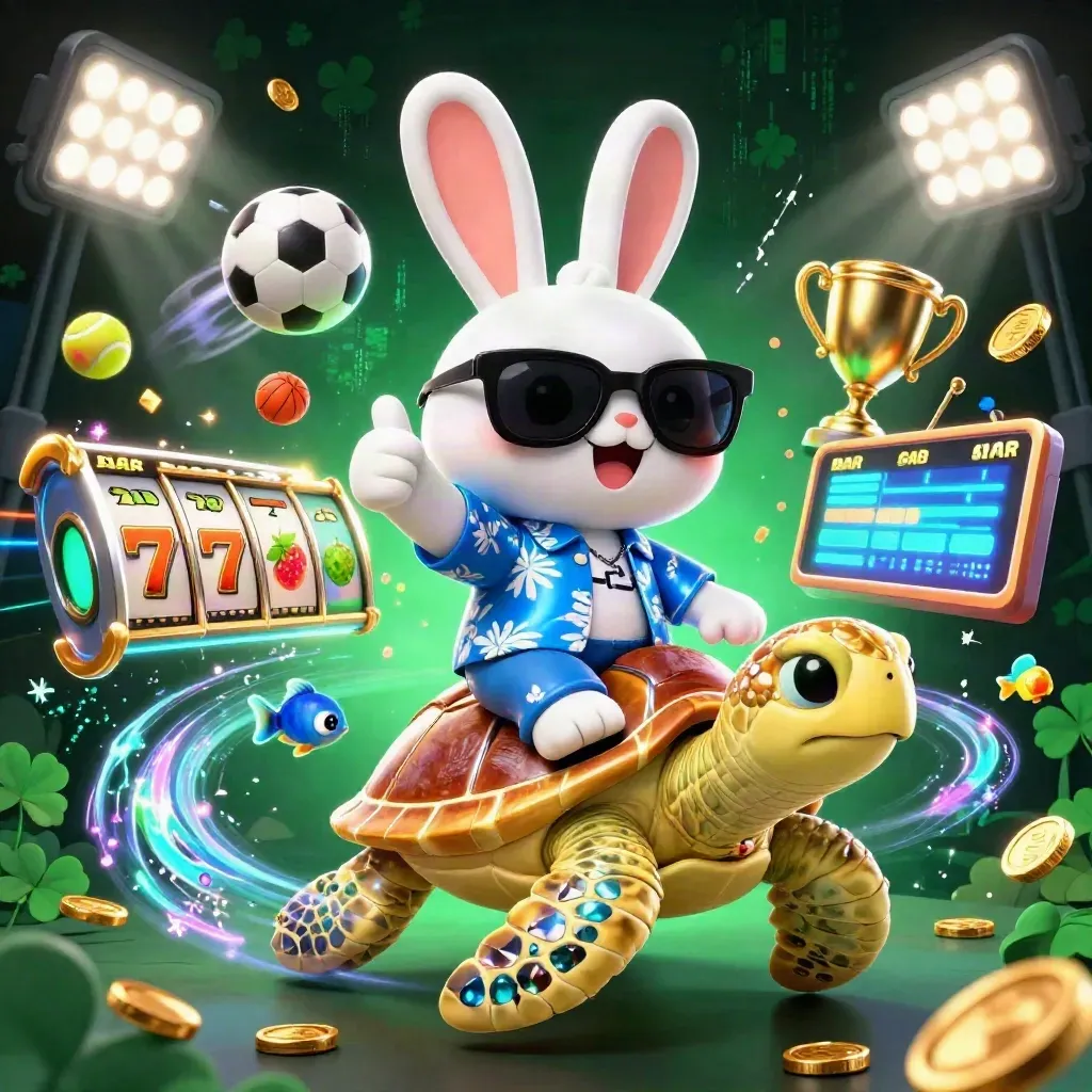 Lucky rabbit rides a jeweled sea turtle amid casino symbols, coins, and neon blue glow.