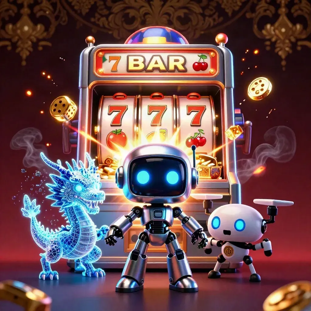 Robot, holographic dragon, and coin drone burst from a slot machine with gold, dice, and glowing reels.