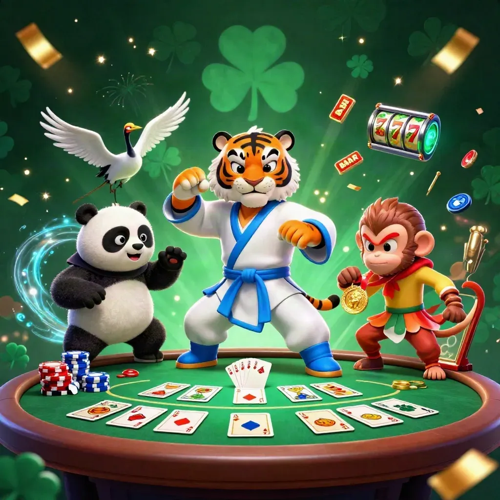 Kung-fu tiger, panda, and monkey amid casino chips, reels, fireworks, and emerald glow.