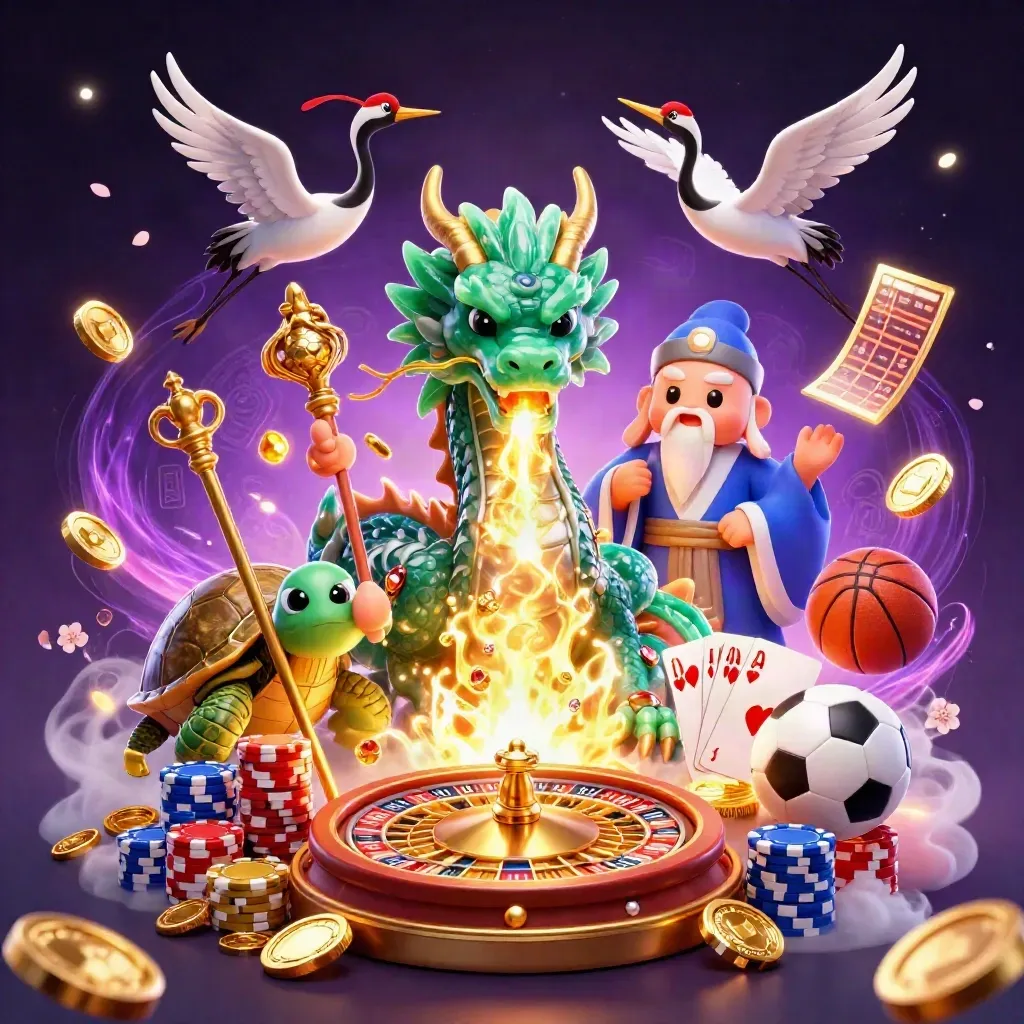 Jade dragon, turtle sage, and cranes amid casino rewards, neon energy, and gold light.