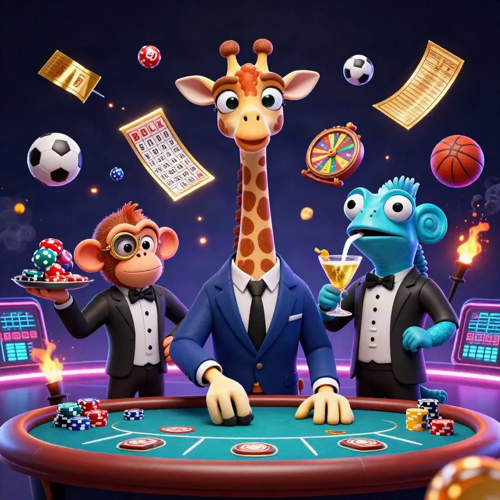 Giraffe gambler, monkey valet and chameleon bartender amid casino rewards and neon sparks.
