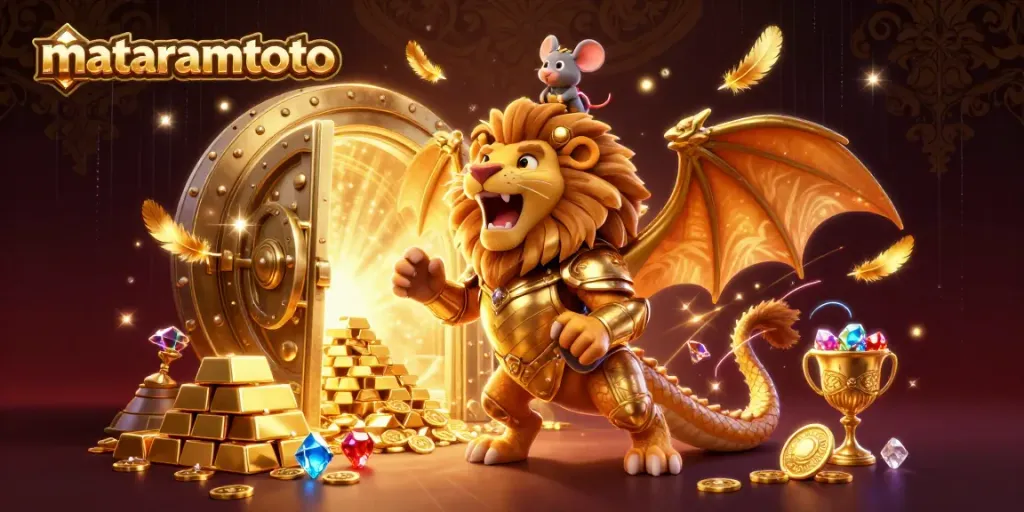 Experience the thrill of gambling with mataramtoto, featuring a majestic chimera and golden treasures.
