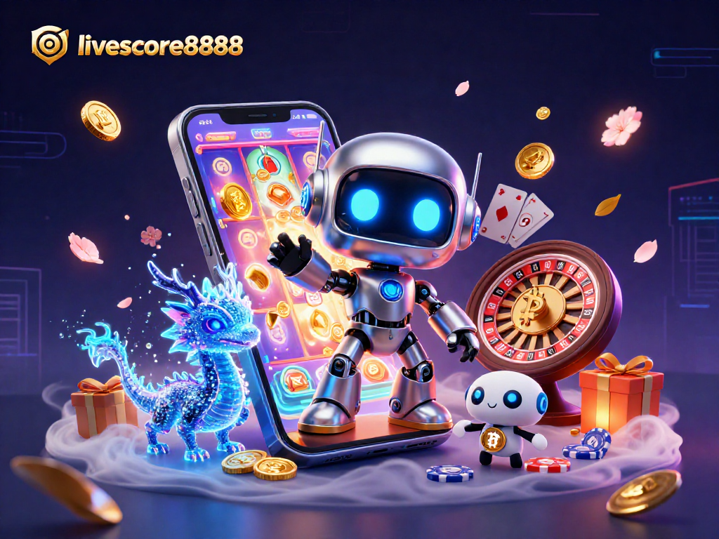 Immerse in the excitement of livescore8888 with a vibrant 3D illustration showcasing engaging gaming elements and characters.