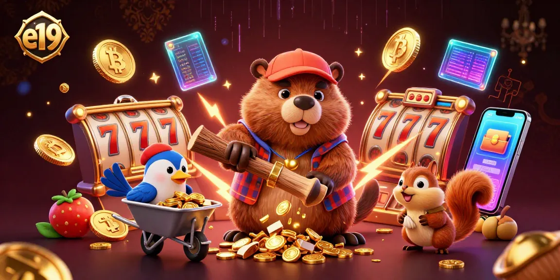 Engage in thrilling gameplay with e19 as the beaver celebrates gold coin wins while chopping trees.