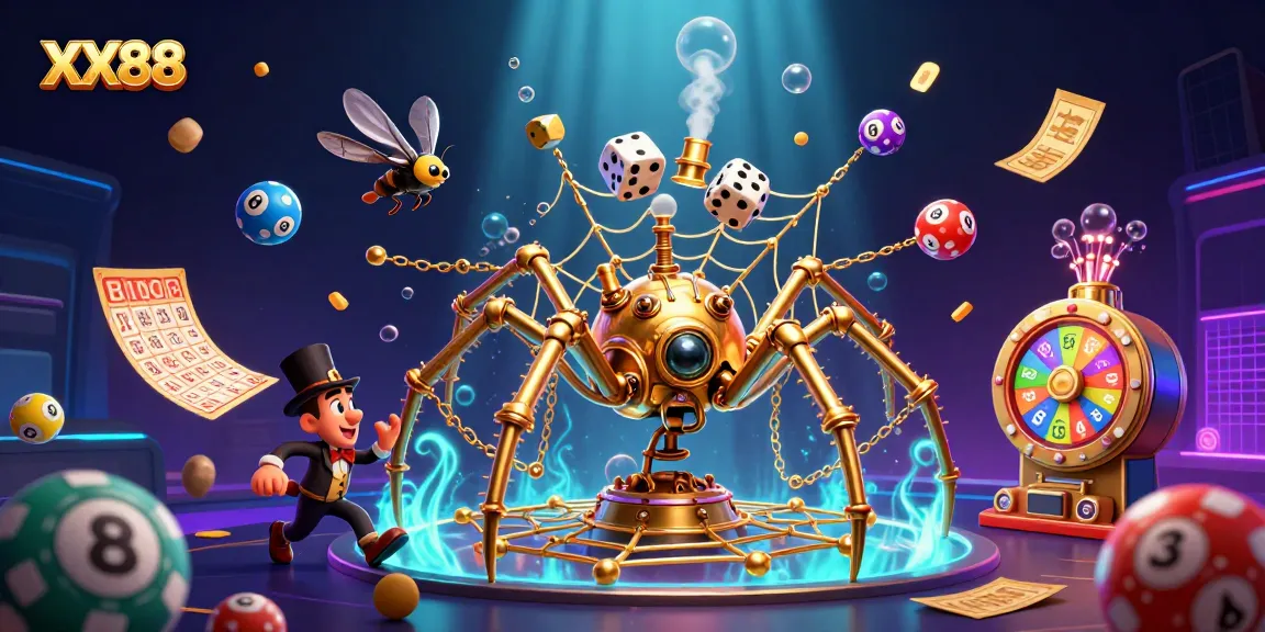 A dynamic scene catching dice with the golden web of XX88, surrounded by vibrant lottery balls and game elements.