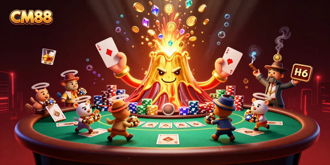 Win big at CM88 with a lively casino scene featuring a golden volcano and poker excitement.