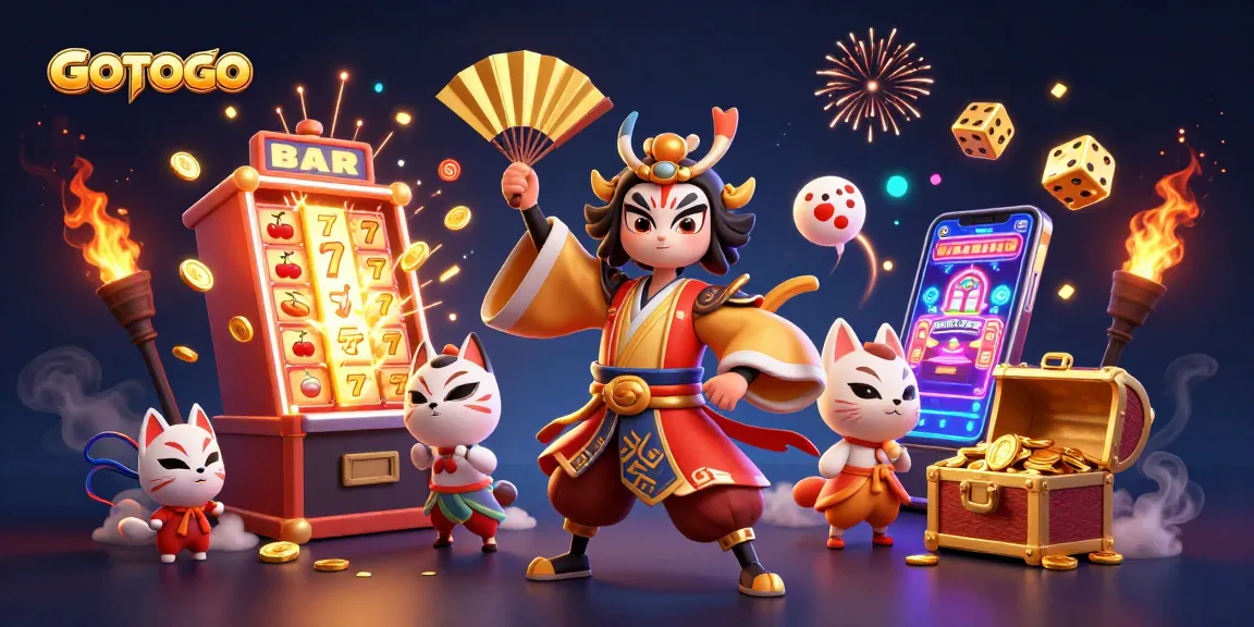 GOTOTO memiliki pemandangan kasino 3D yang cerah dengan pejuang kabuki, slot emas, dan elemen permainan meriah.