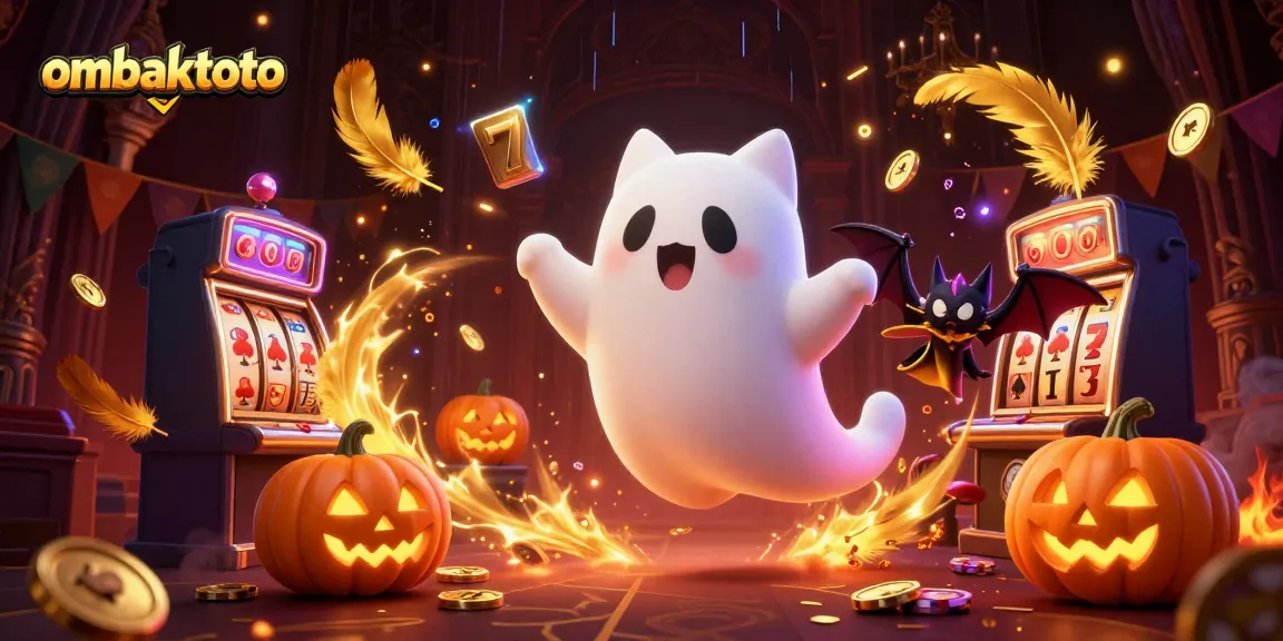 Experience ombaktoto's thrilling haunted casino atmosphere with a ghost cat and vampire bat.