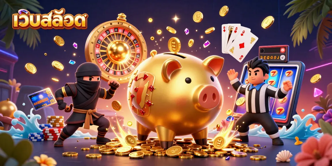 Experience เว็บสล็อต excitement with a dynamic golden piggy bank sumo wrestler amidst coins and gems.
