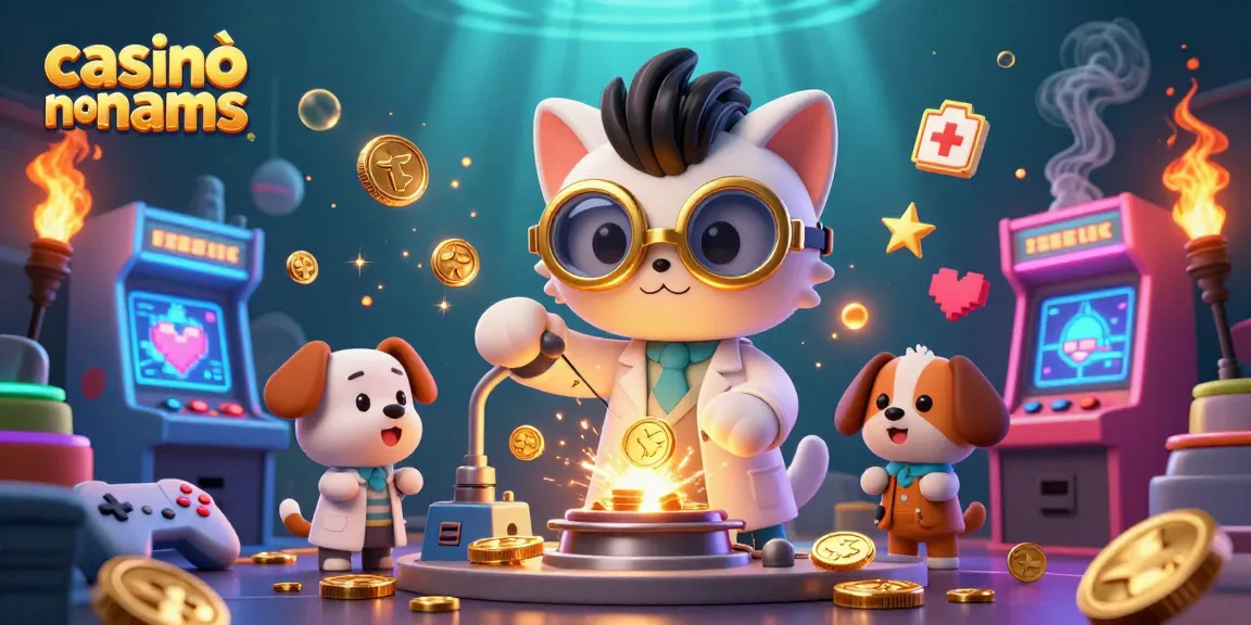 Interagisci con una scena vibrante che mostra casinò non aams con un gatto scienziato pazzo e il suo assistente in un vivace laboratorio di casinò.