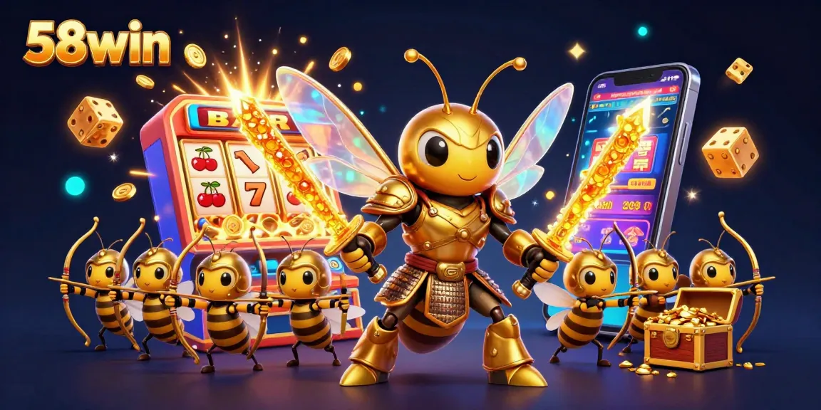 Catch the excitement with 58win as the golden hornet and bee archers celebrate a jackpot casino win amidst vibrant 3D graphics.