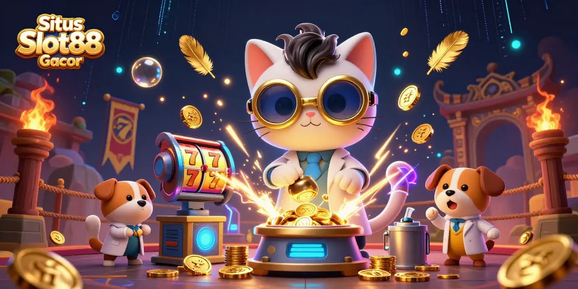 Situs Slot88 Gacor showcases vibrant slot gaming excitement with a lively cat and dog duo amidst coins and action.