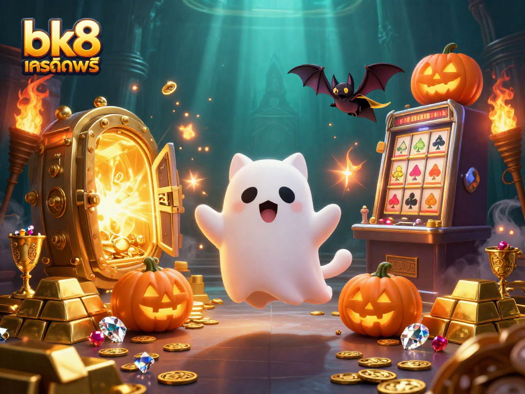 Experience winning thrills with bk8 เครดิตฟรี in a vibrant casino-themed digital illustration.