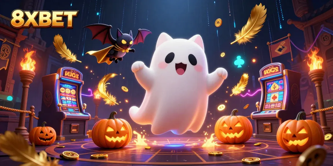Engage with 8XBET in a vibrant casino scene featuring a ghost cat, bat, and glowing jack-o-lanterns.