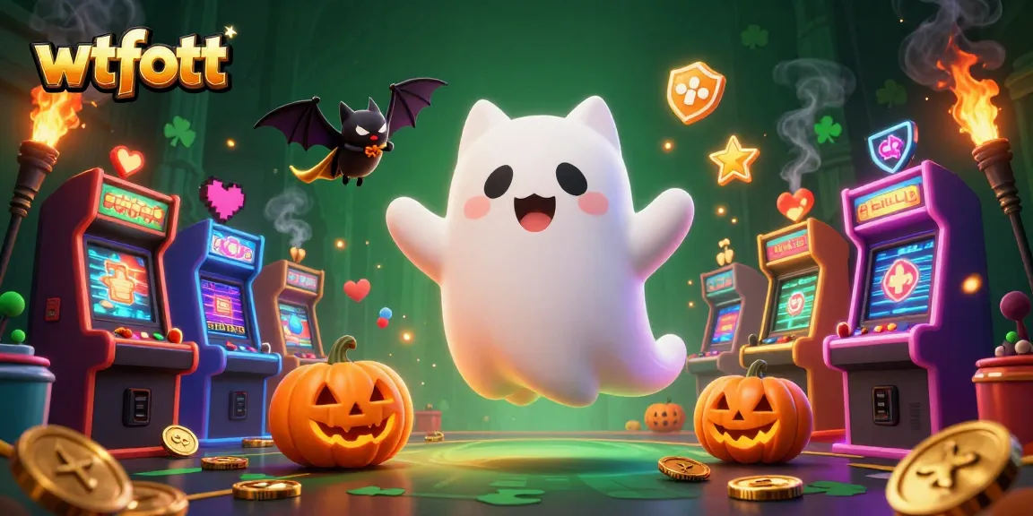 Win big with wtfott in a vibrant haunted casino scene filled with lucky symbols.