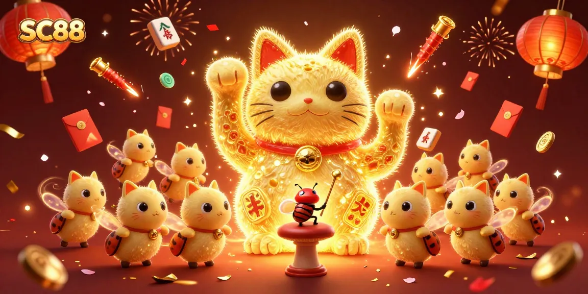 Experience SC88 excitement with a dynamic scene of animated casino symbols and festive elements.