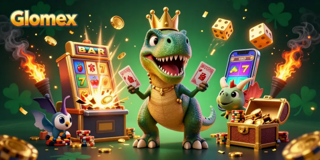 Glomex showcases a vibrant casino scene with characters enjoying casino games and jackpots.