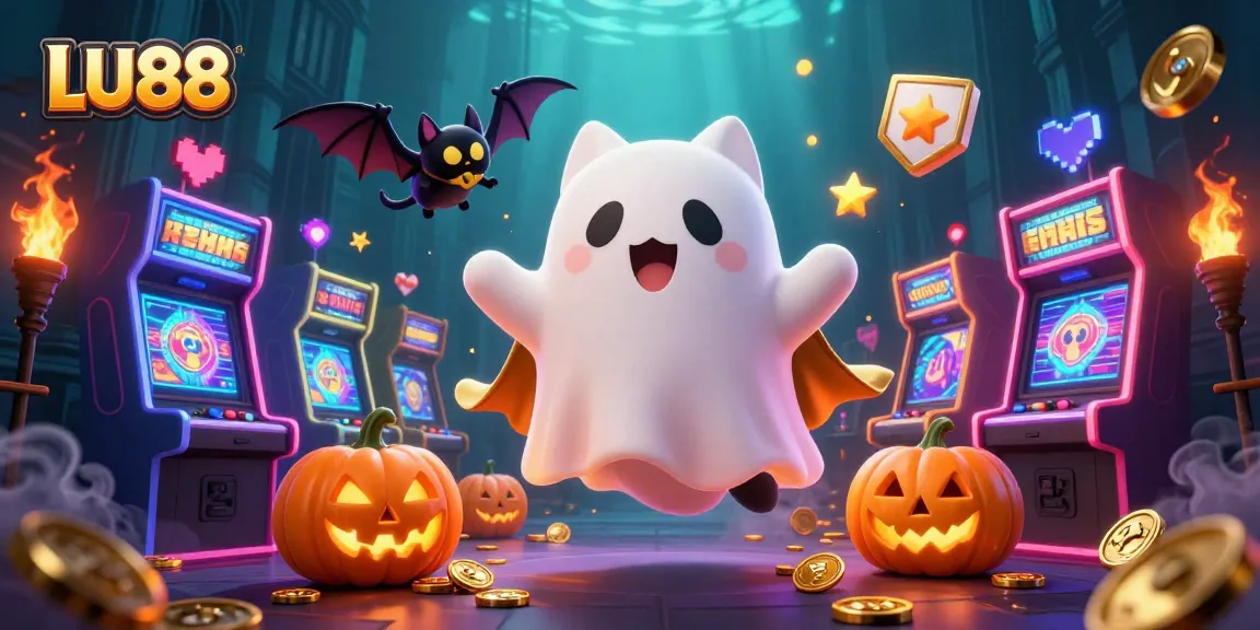 Engage with LU88's thrilling haunted casino scene with a friendly ghost cat and vampire bat in action.