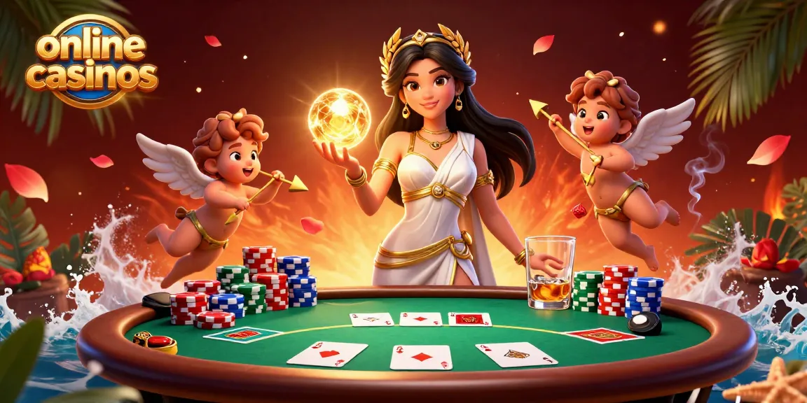 Experience enchanting online casinos with dynamic 3D illustration of a goddess surrounded by poker elements.