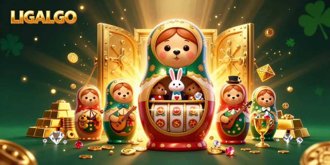 LIGALGO offers an exciting casino scene with Matryoshka bears and slot reels for engaging gameplay.