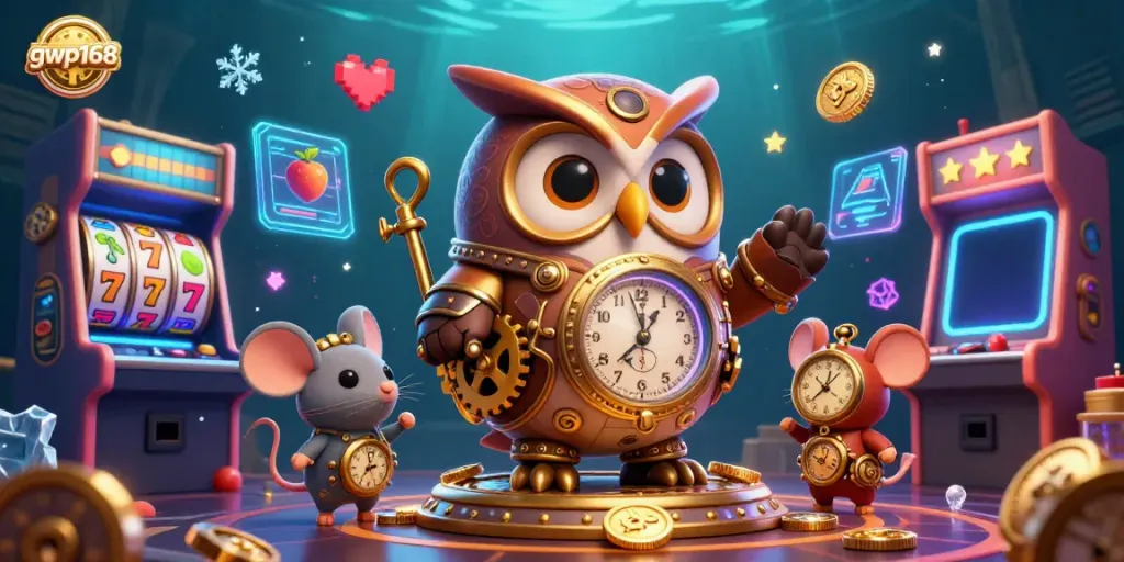 Permainan slot gacor di gwp168 dengan karakter kucing jam dan tikus bersenang-senang.