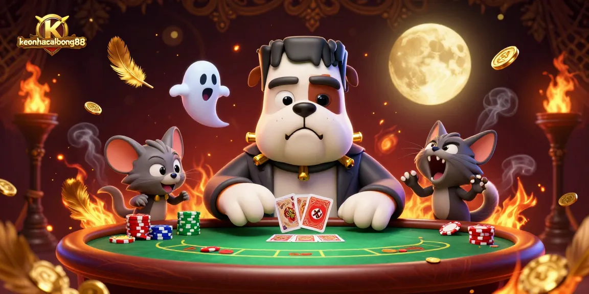 Engage in exciting poker play at keonhacaibong88 with a whimsical 3D cartoon scene featuring unique characters.