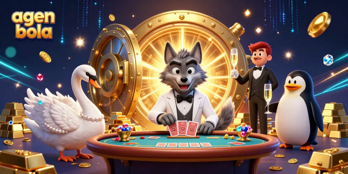 A thrilling agen bola scene featuring a debonair wolf at baccarat, surrounded by sparkling treasures and cards.