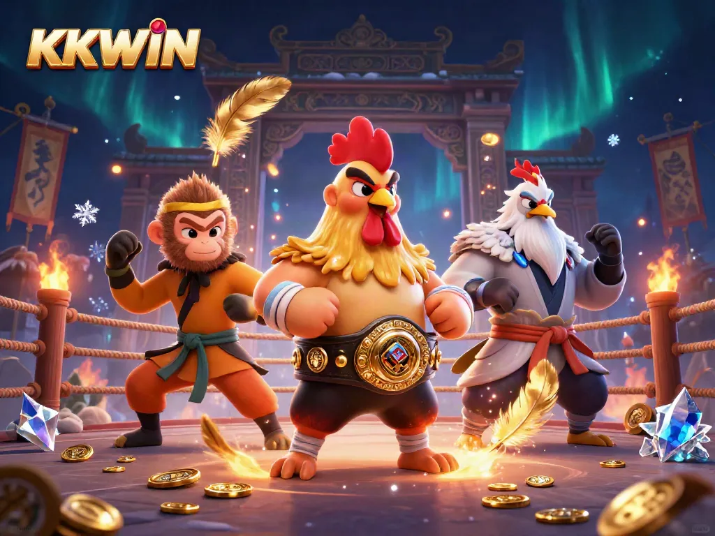 Join the action at KKWIN with a vibrant illustration of a Muay Thai rooster, Shaolin monkey, and crane master in a dynamic casino-themed setting.