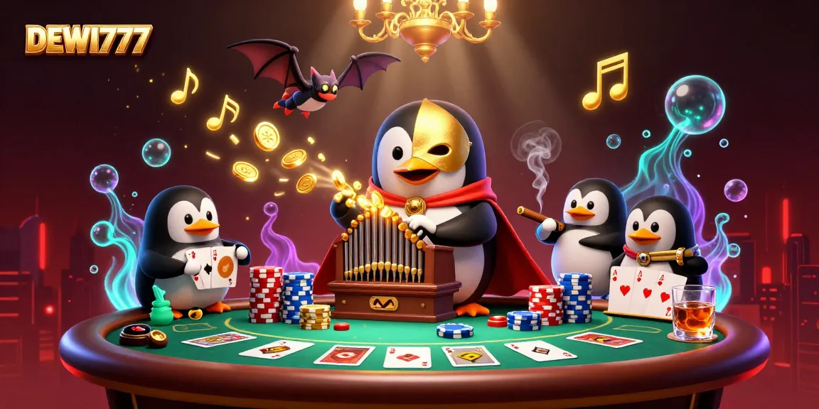 Experience DEWI777's vibrant casino action with a cartoon penguin playing the organ amid golden coins.